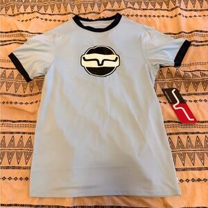 Kimes Ranch Light Blue Ringer Tee with Black Tag